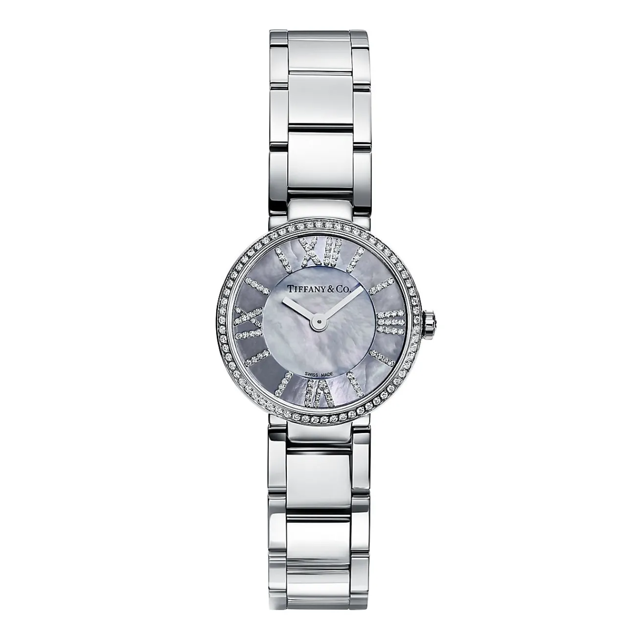 Tiffany & Co. Atlas® 24 mm watch in stainless steel with diamonds and gray mother-of-pearl. | ^Women Fine Watches|Women’s Watches