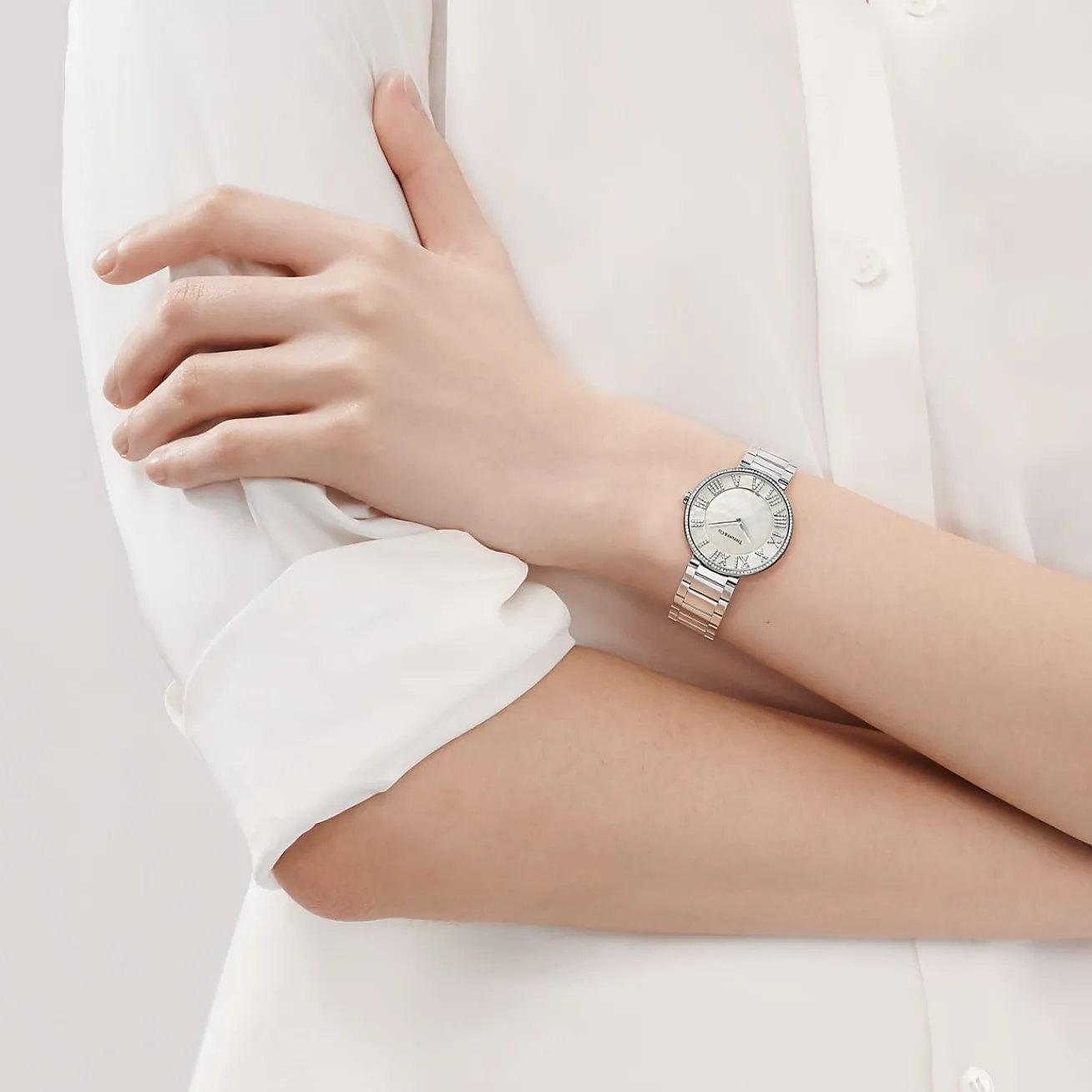 Tiffany & Co. Atlas® 34 mm Watch in Stainless Steel with Diamonds and White Mother-of-pearl | ^Women Fine Watches|Women’s Watches