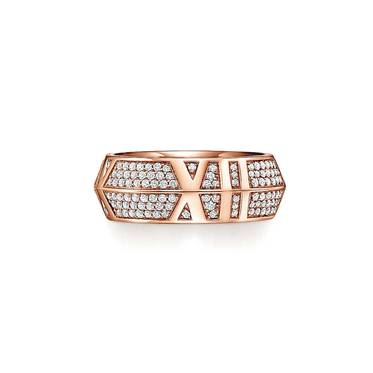 Tiffany & Co. Atlas® X Closed Wide Ring in Rose Gold with Pavé Diamonds, 7.5 mm Wide | ^ Rings|Rose Gold Jewelry