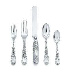 Tiffany & Co. Chrysanthemum five-piece flatware set in sterling silver. | ^ The Couple|Wedding Gifts