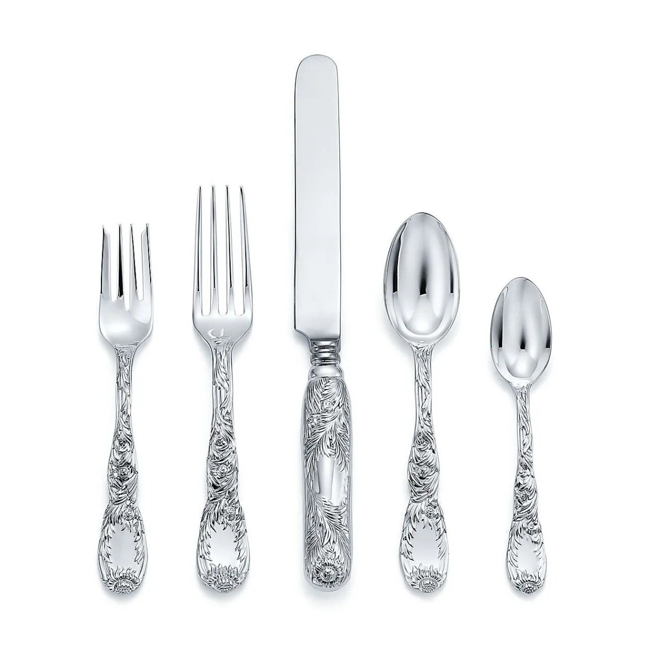 Tiffany & Co. Chrysanthemum five-piece flatware set in sterling silver. | ^ The Couple|Wedding Gifts