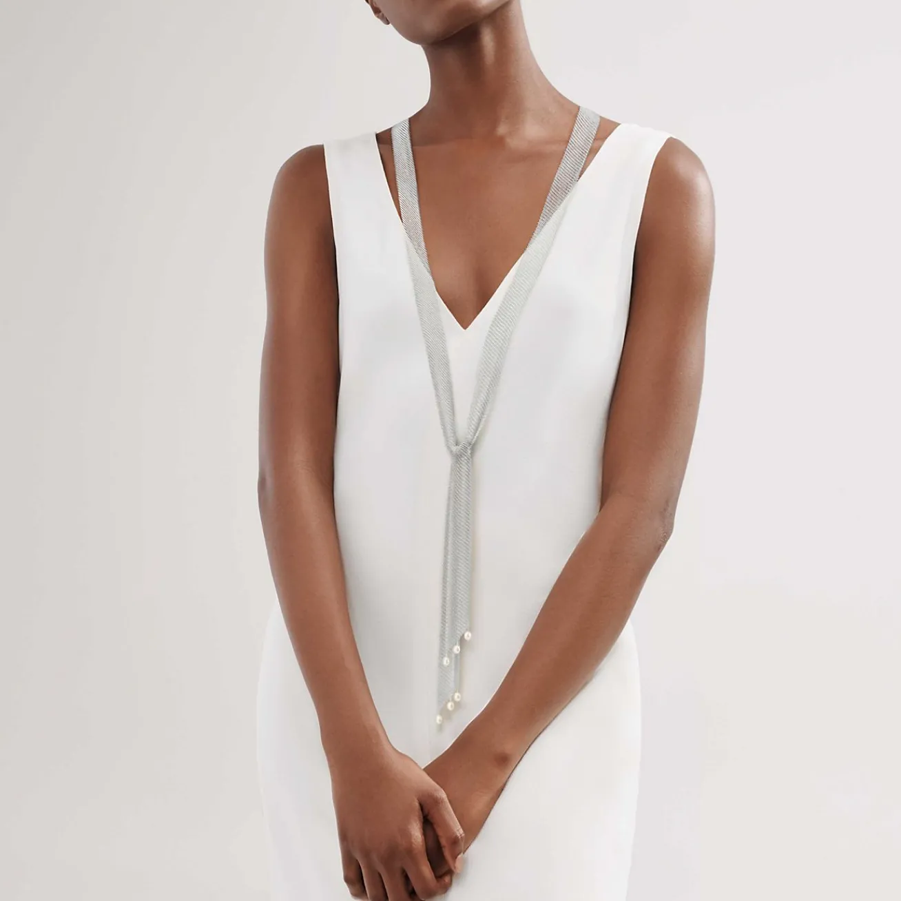 Tiffany & Co. Elsa Peretti® Mesh tie necklace in sterling silver with freshwater pearls. | ^ Necklaces & Pendants|Sterling Silver Jewelry