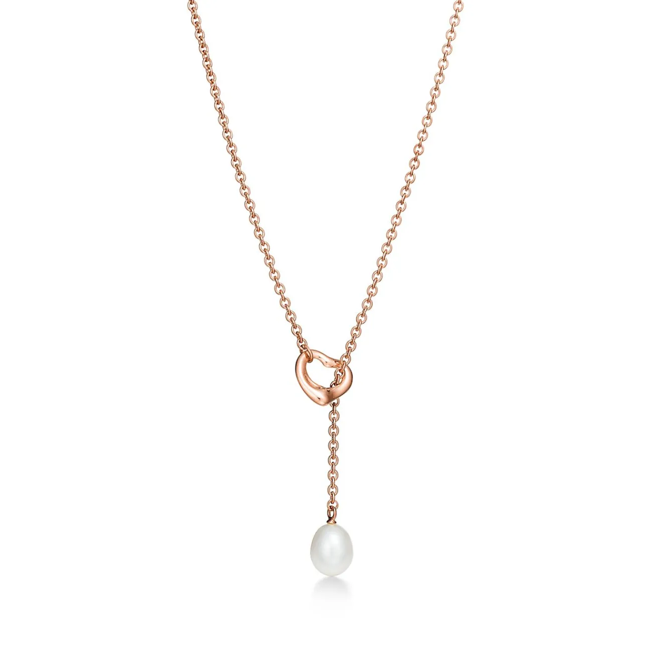 Tiffany & Co. Elsa Peretti® Open Heart lariat in 18k rose gold with a freshwater pearl. | ^ Necklaces & Pendants|Rose Gold Jewelry