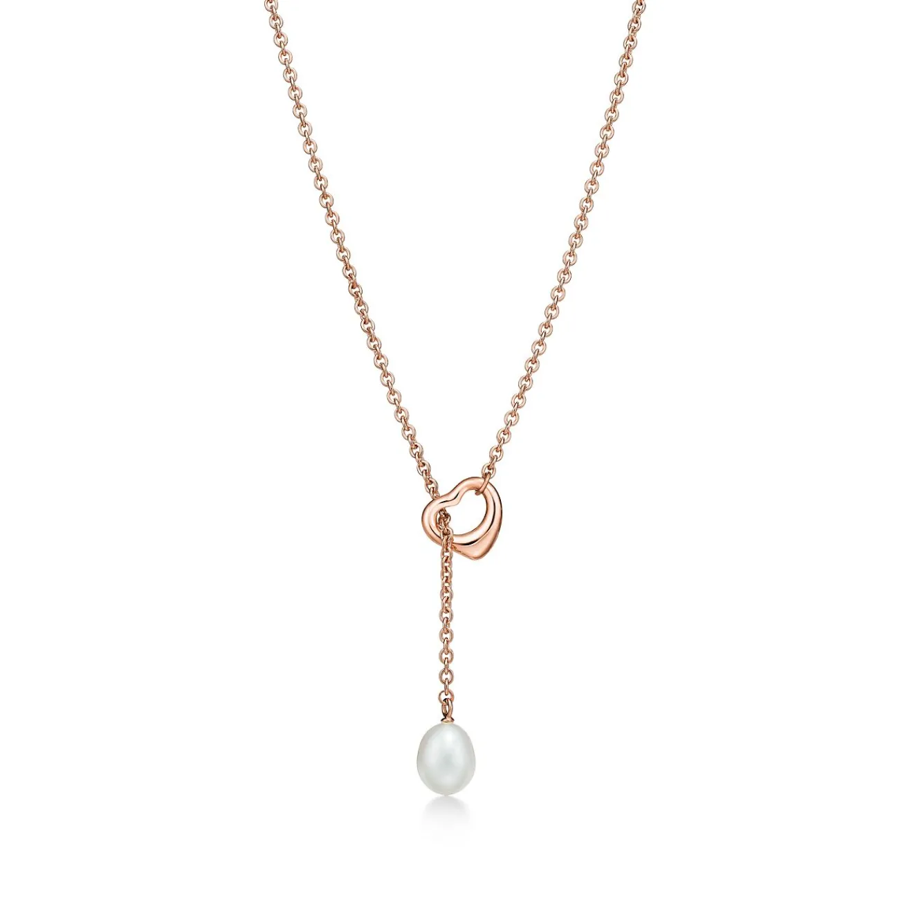 Tiffany & Co. Elsa Peretti® Open Heart lariat in 18k rose gold with a freshwater pearl. | ^ Necklaces & Pendants|Rose Gold Jewelry