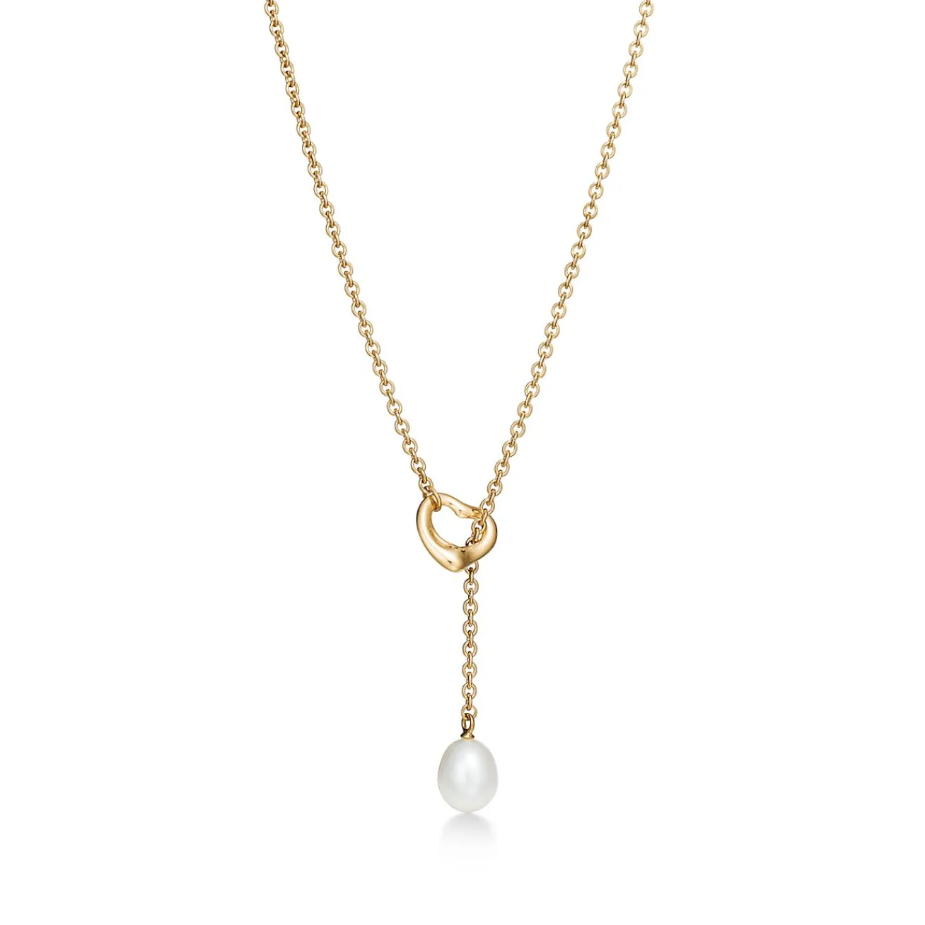 Tiffany & Co. Elsa Peretti® Open Heart Lariat Necklace in Yellow Gold with Pearls, 7.5-8 mm | ^ Necklaces & Pendants|Gold Jewelry