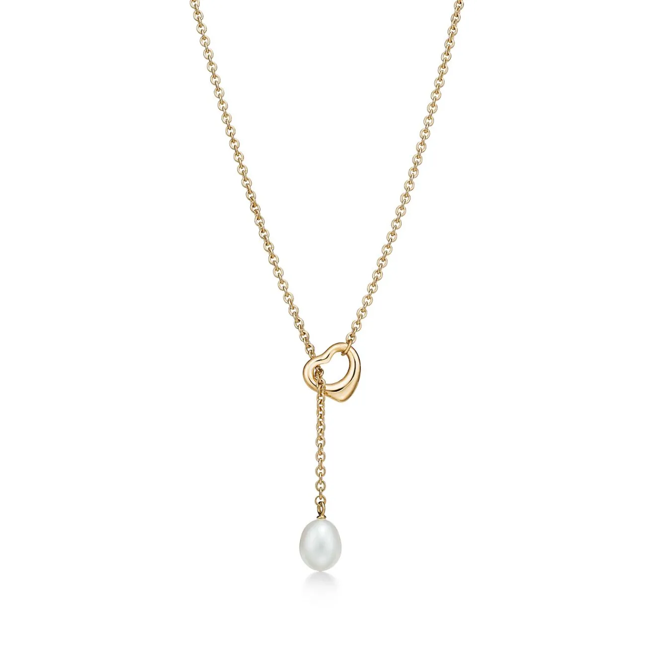 Tiffany & Co. Elsa Peretti® Open Heart Lariat Necklace in Yellow Gold with Pearls, 7.5-8 mm | ^ Necklaces & Pendants|Gold Jewelry