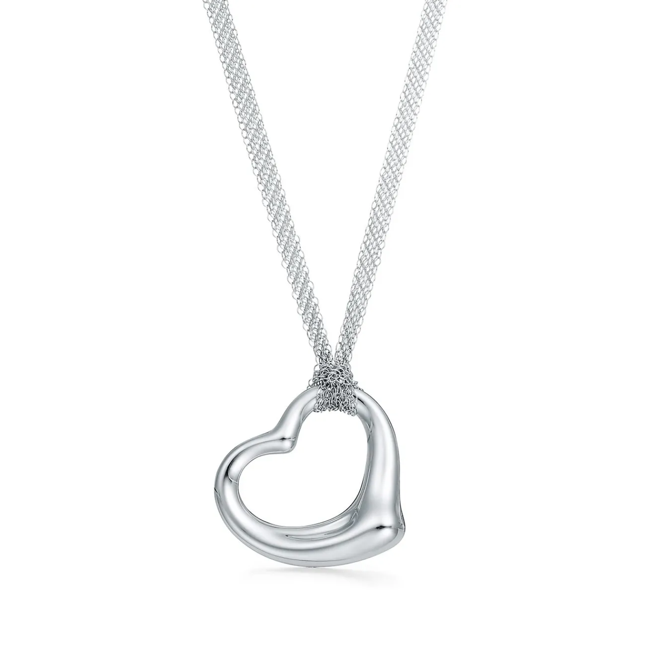 Tiffany & Co. Elsa Peretti® Open Heart pendant in sterling silver on a 30" mesh chain. | ^ Necklaces & Pendants|Bold Silver Jewelry