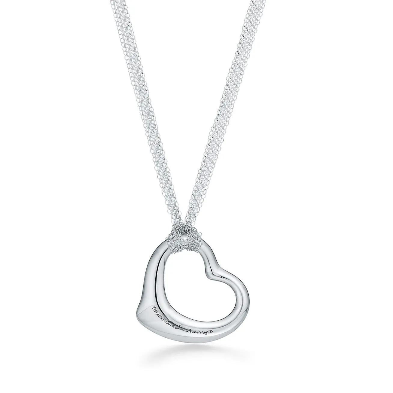 Tiffany & Co. Elsa Peretti® Open Heart pendant in sterling silver on a 30" mesh chain. | ^ Necklaces & Pendants|Bold Silver Jewelry