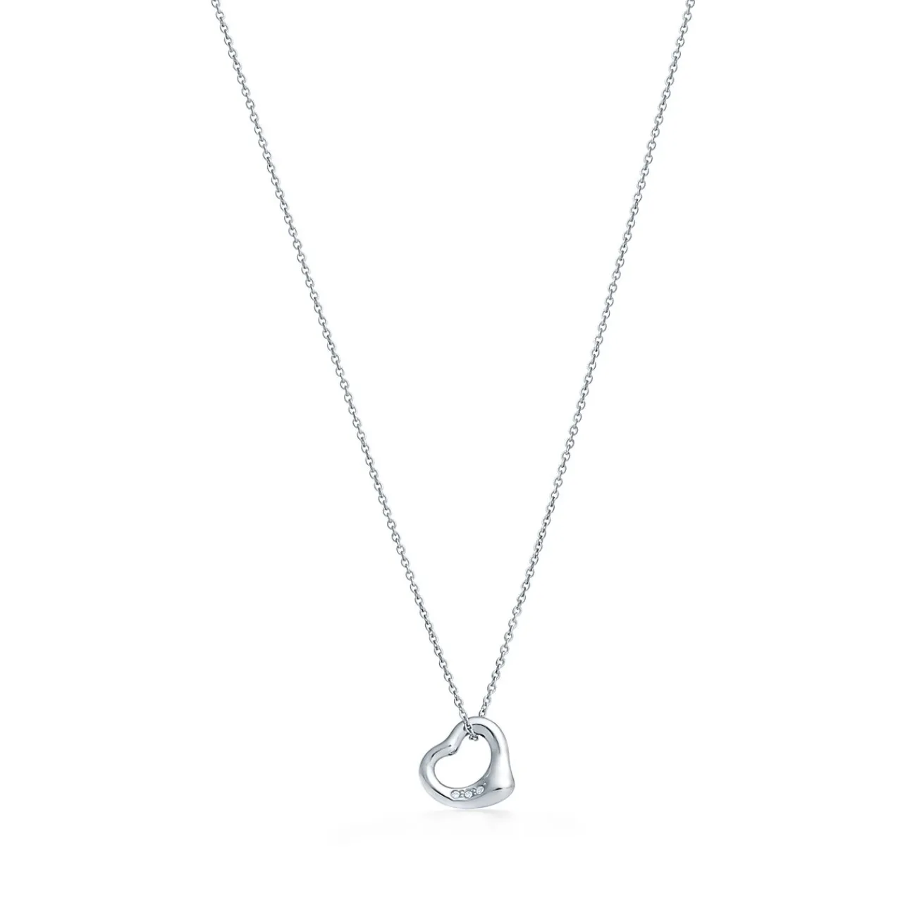 Tiffany & Co. Elsa Peretti® Open Heart pendant in platinum with diamonds, 11 mm wide. | ^ Necklaces & Pendants|Platinum Jewelry