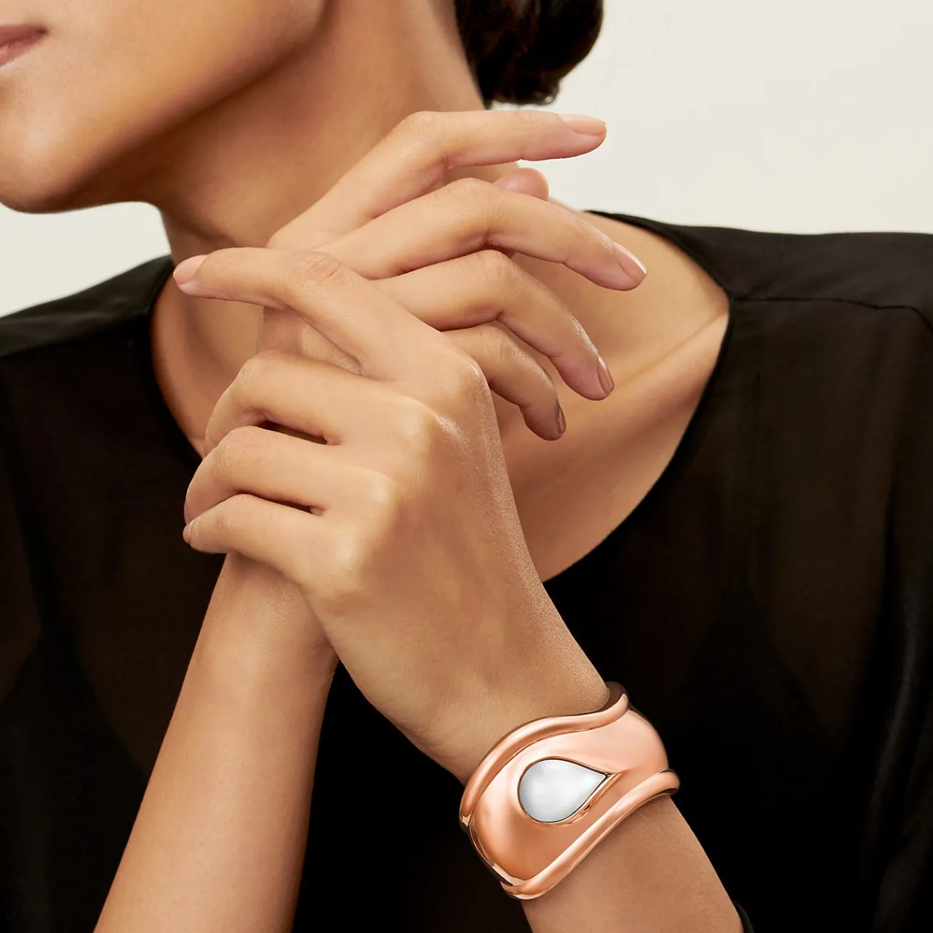 Tiffany & Co. Elsa Peretti® Small Bone Cuff in Rose Gold with White Jade, 43 mm Wide | ^ Bracelets|Rose Gold Jewelry