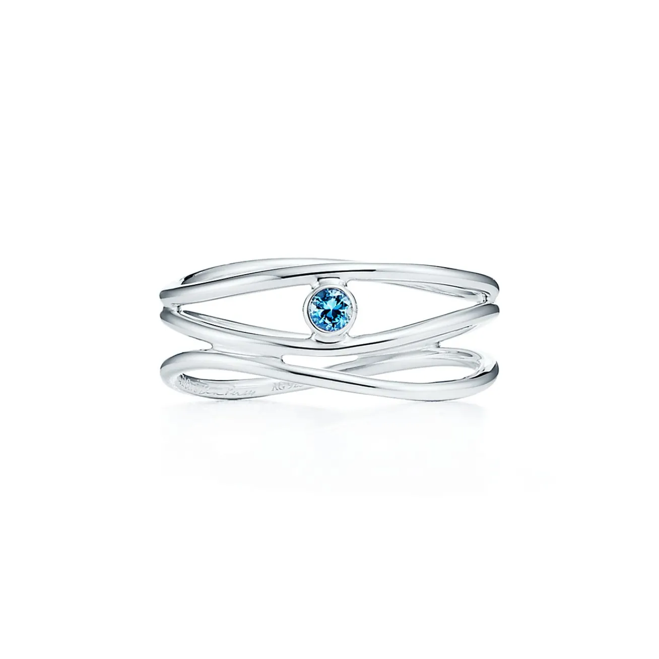 Tiffany & Co. Elsa Peretti® Wave three-row ring in sterling silver with an aquamarine. | ^ Rings|Sterling Silver Jewelry