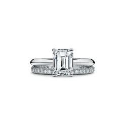Tiffany & Co. Emerald-cut diamond engagement ring in platinum. | ^ Engagement Rings