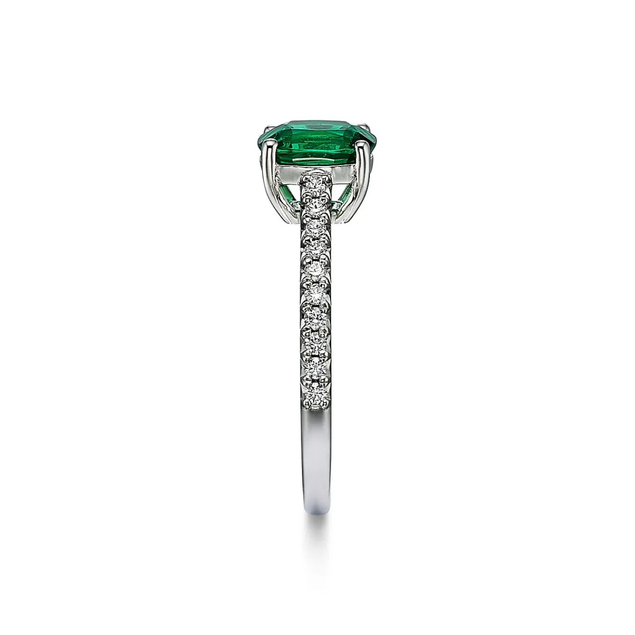 Tiffany & Co. Tiffany Novo® Cushion-cut Emerald Ring in Platinum with Pavé Diamonds | ^ Rings|Diamond Jewelry