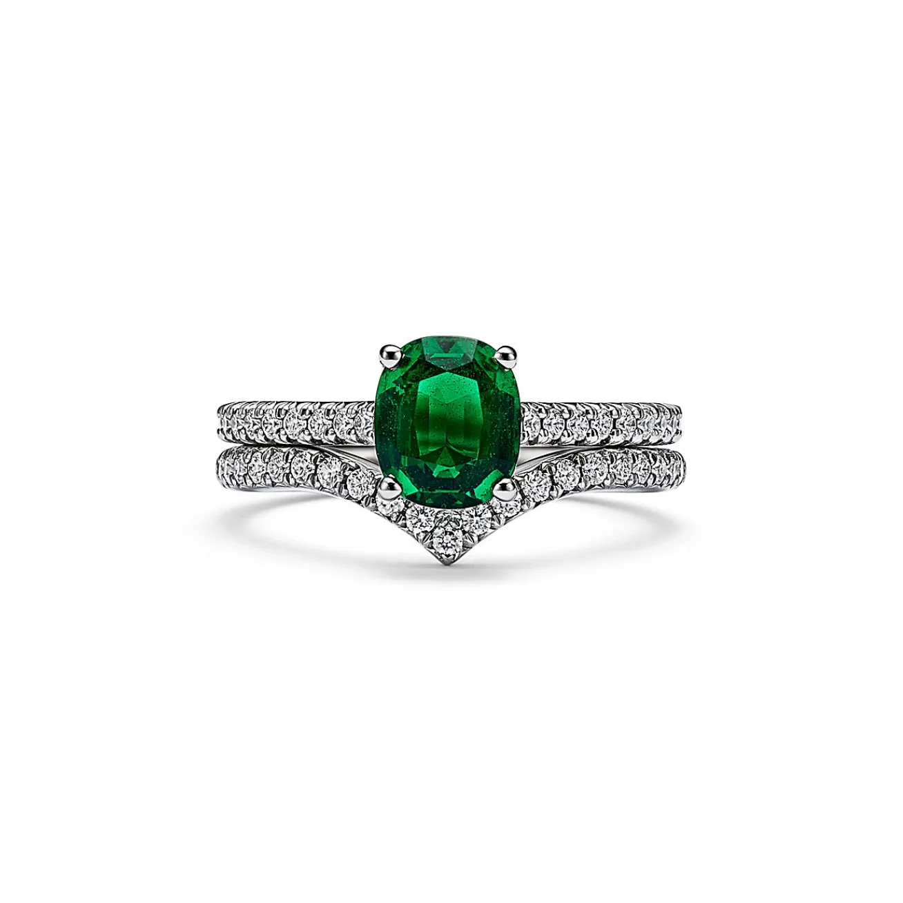 Tiffany & Co. Tiffany Novo® Cushion-cut Emerald Ring in Platinum with Pavé Diamonds | ^ Rings|Diamond Jewelry
