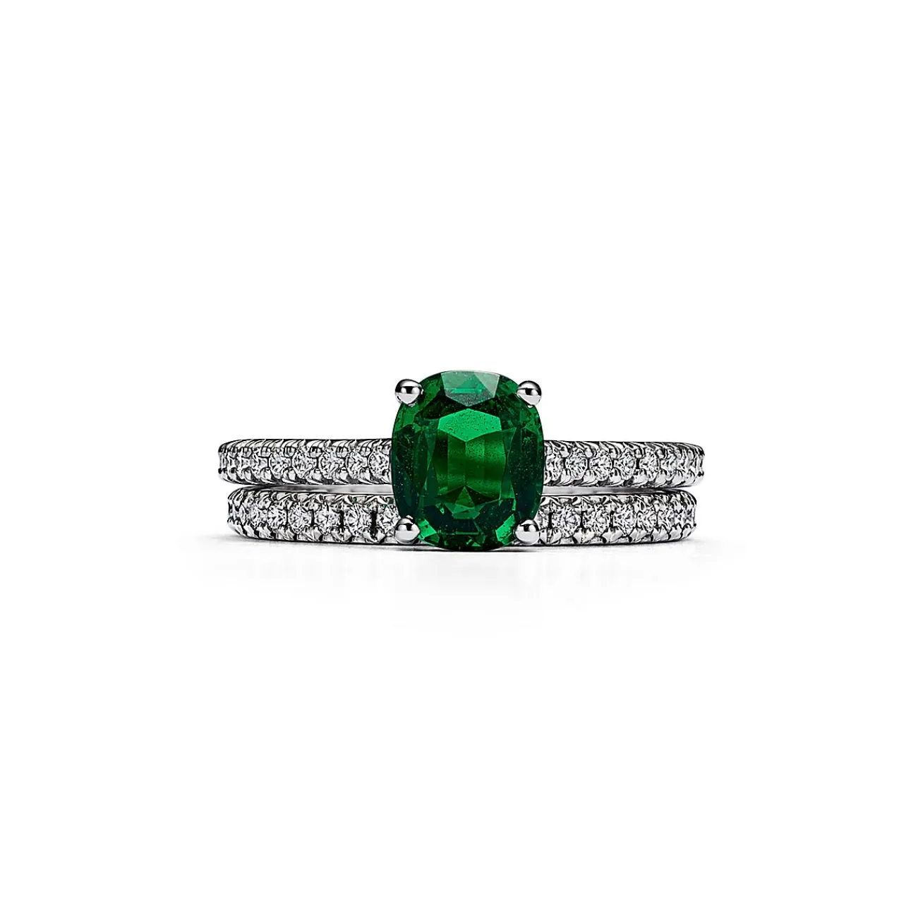 Tiffany & Co. Tiffany Novo® Cushion-cut Emerald Ring in Platinum with Pavé Diamonds | ^ Rings|Diamond Jewelry