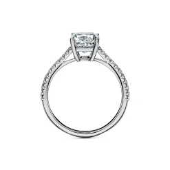 Tiffany & Co. Tiffany Novo® cushion-cut engagement ring with a pavé diamond band in platinum. | ^ Engagement Rings