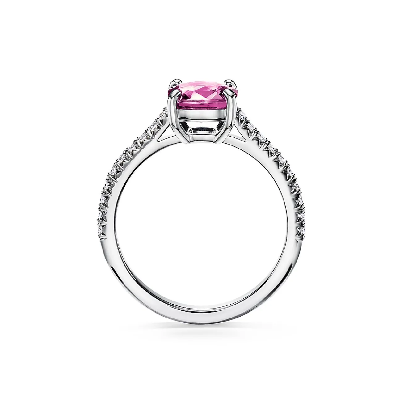 Tiffany & Co. Tiffany Novo® Cushion-cut Pink Sapphire Ring in Platinum with Pavé Diamonds | ^ Rings|Diamond Jewelry