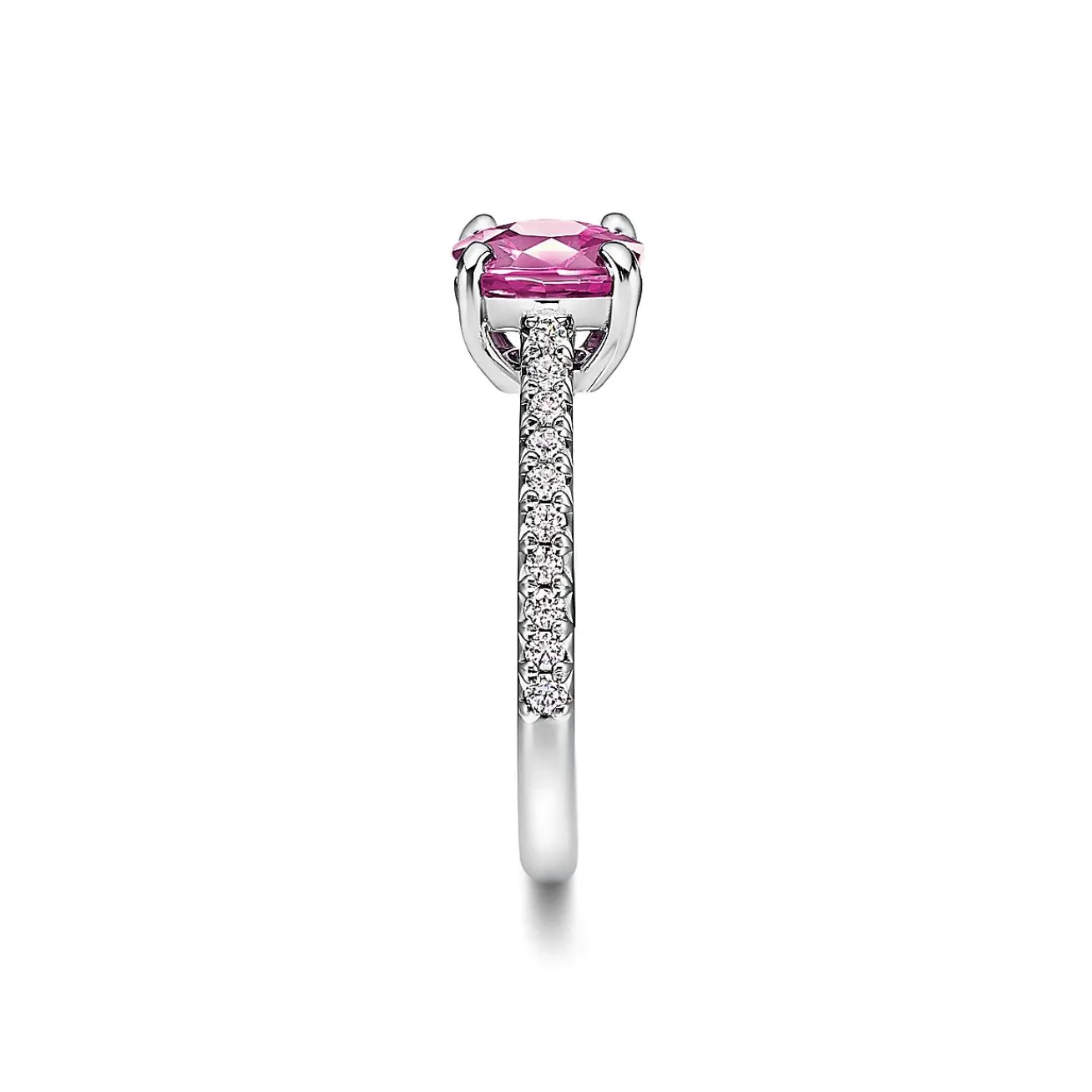 Tiffany & Co. Tiffany Novo® Cushion-cut Pink Sapphire Ring in Platinum with Pavé Diamonds | ^ Rings|Diamond Jewelry