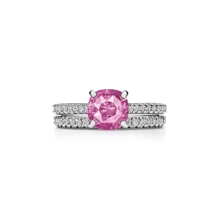 Tiffany & Co. Tiffany Novo® Cushion-cut Pink Sapphire Ring in Platinum with Pavé Diamonds | ^ Rings|Diamond Jewelry