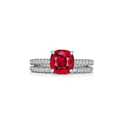 Tiffany & Co. Tiffany Novo® Cushion-cut Ruby Ring in Platinum with Pavé Diamonds | ^ Rings|Diamond Jewelry