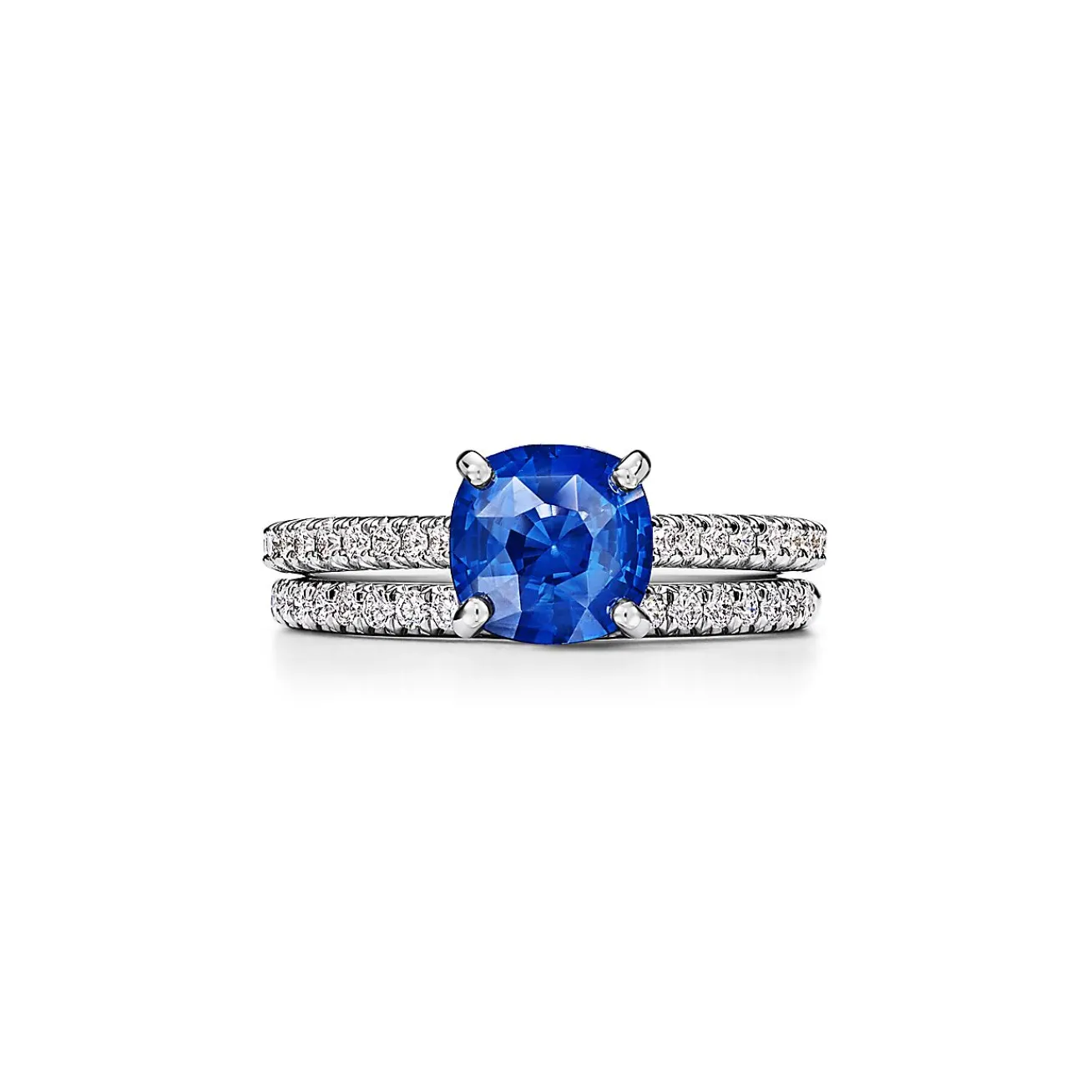 Tiffany & Co. Tiffany Novo® Cushion-cut Sapphire Ring in Platinum with Pavé Diamonds | ^ Rings|Diamond Jewelry