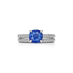 Tiffany & Co. Tiffany Novo® Cushion-cut Sapphire Ring in Platinum with Pavé Diamonds | ^ Rings|Diamond Jewelry