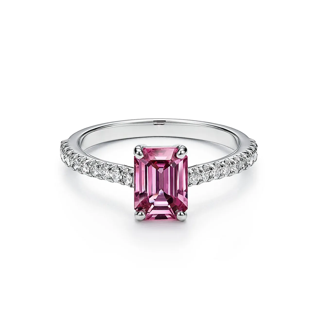 Tiffany & Co. Tiffany Novo® Emerald-cut Pink Sapphire Ring in Platinum with Pavé Diamonds | ^ Rings|Diamond Jewelry