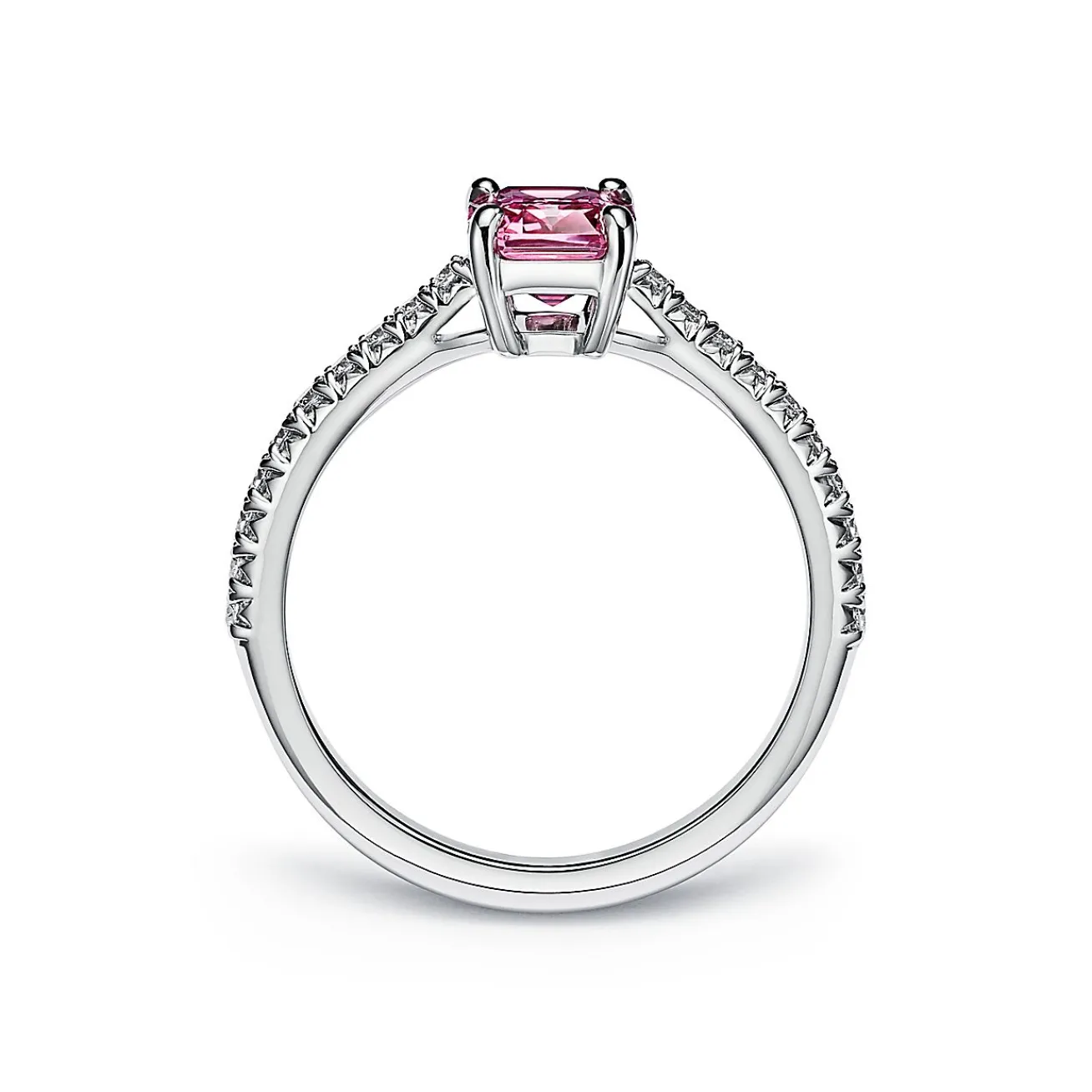 Tiffany & Co. Tiffany Novo® Emerald-cut Pink Sapphire Ring in Platinum with Pavé Diamonds | ^ Rings|Diamond Jewelry