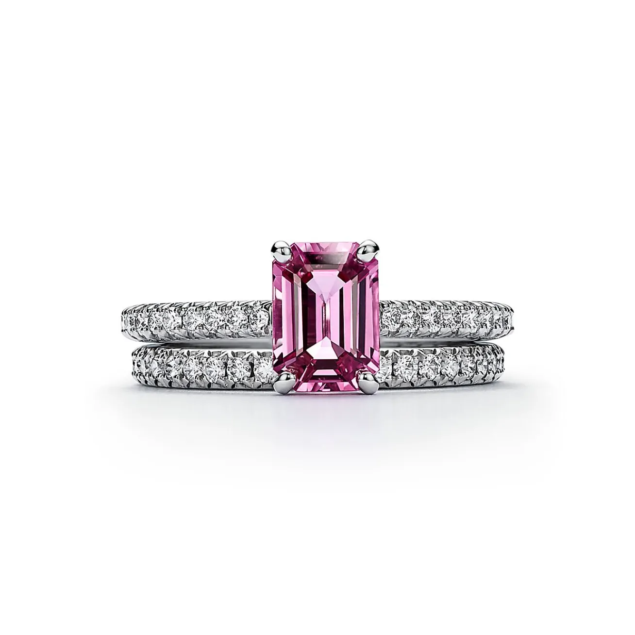 Tiffany & Co. Tiffany Novo® Emerald-cut Pink Sapphire Ring in Platinum with Pavé Diamonds | ^ Rings|Diamond Jewelry