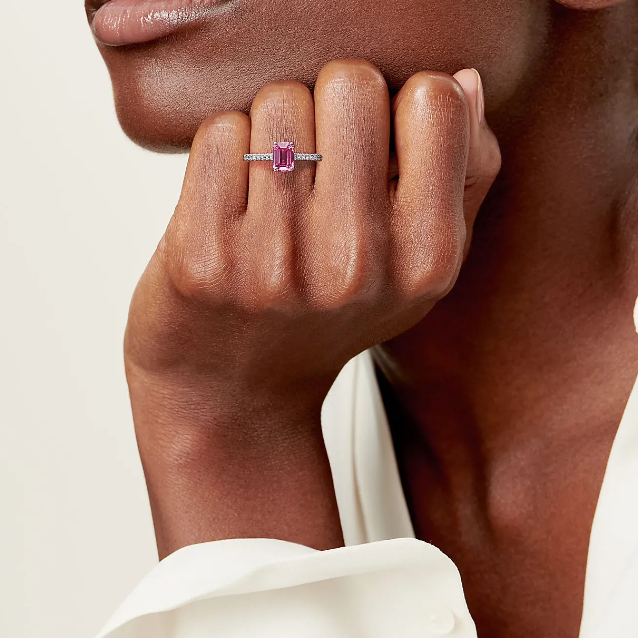 Tiffany & Co. Tiffany Novo® Emerald-cut Pink Sapphire Ring in Platinum with Pavé Diamonds | ^ Rings|Diamond Jewelry