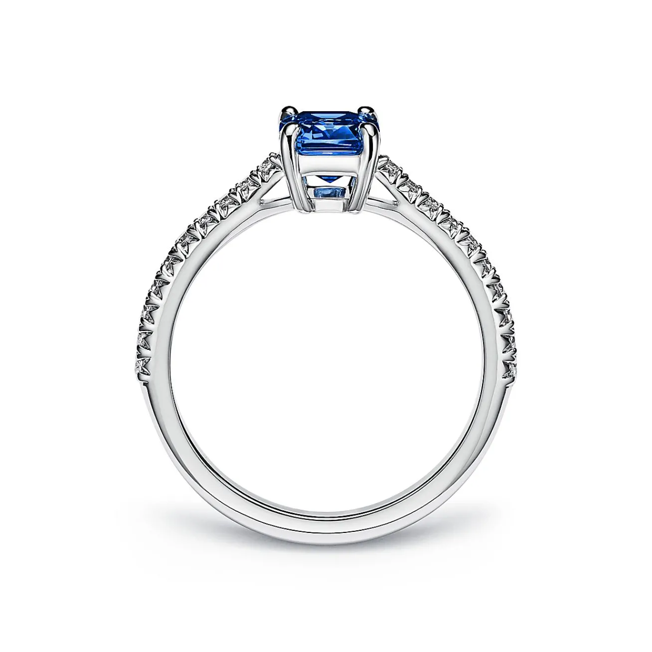 Tiffany & Co. Tiffany Novo® Emerald-cut Sapphire Ring in Platinum with Pavé Diamonds | ^ Rings|Diamond Jewelry