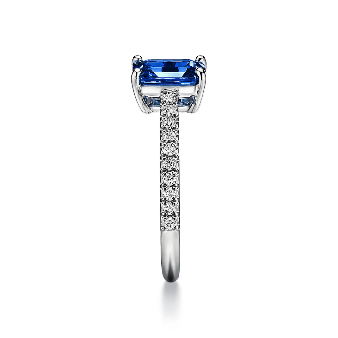 Tiffany & Co. Tiffany Novo® Emerald-cut Sapphire Ring in Platinum with Pavé Diamonds | ^ Rings|Diamond Jewelry
