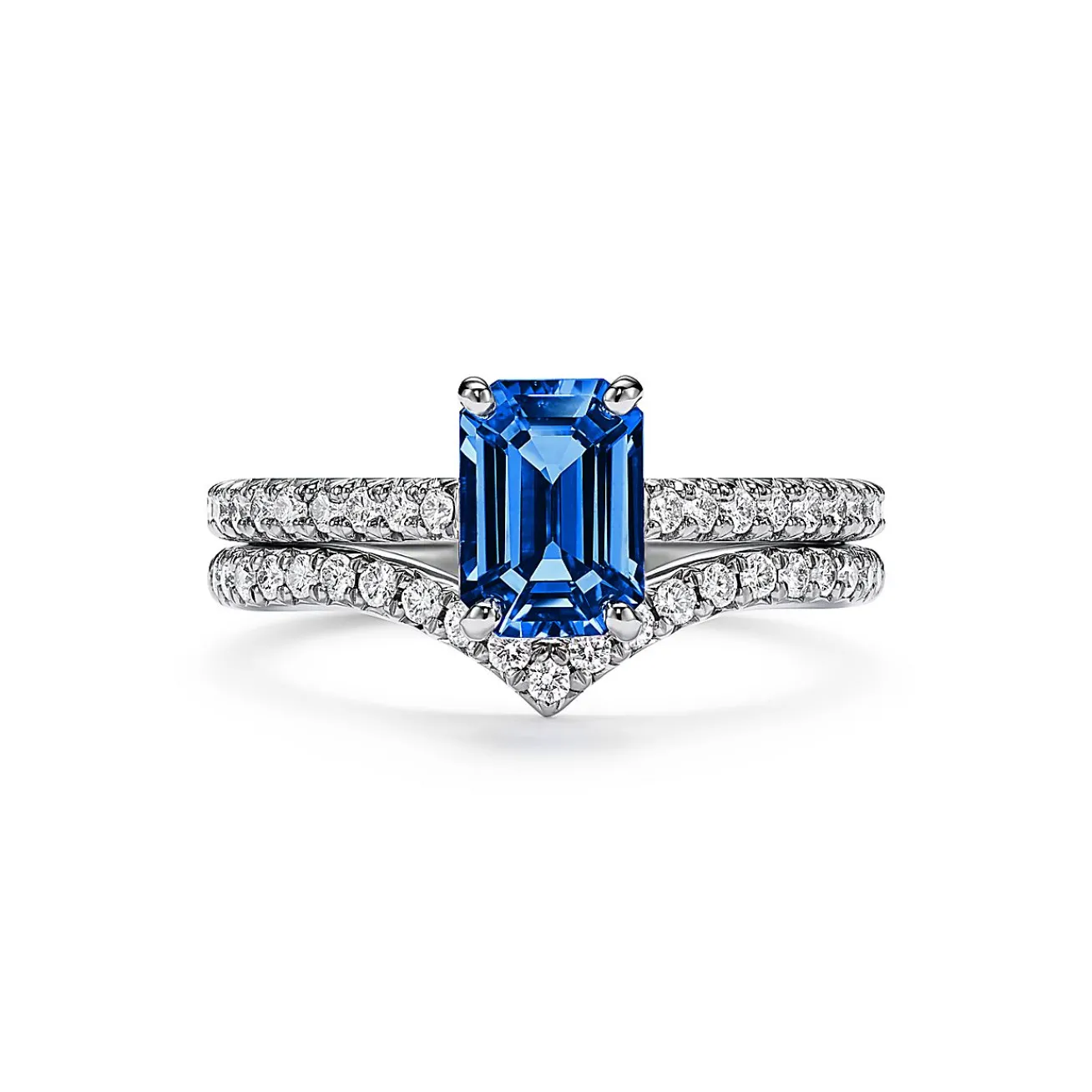 Tiffany & Co. Tiffany Novo® Emerald-cut Sapphire Ring in Platinum with Pavé Diamonds | ^ Rings|Diamond Jewelry