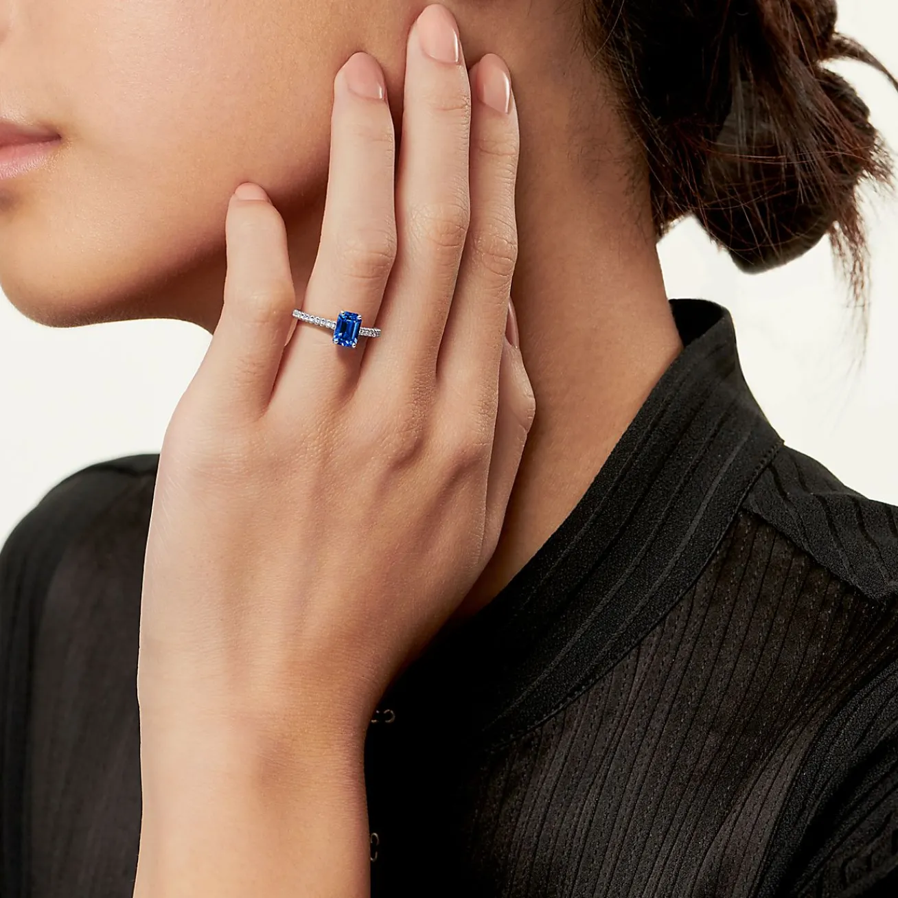 Tiffany & Co. Tiffany Novo® Emerald-cut Sapphire Ring in Platinum with Pavé Diamonds | ^ Rings|Diamond Jewelry