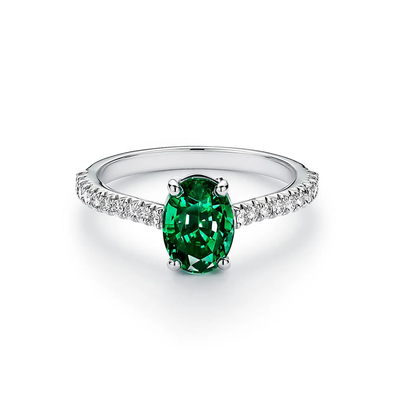 Tiffany & Co. Tiffany Novo® Oval Emerald Ring in Platinum with Pavé Diamonds | ^ Rings|Diamond Jewelry