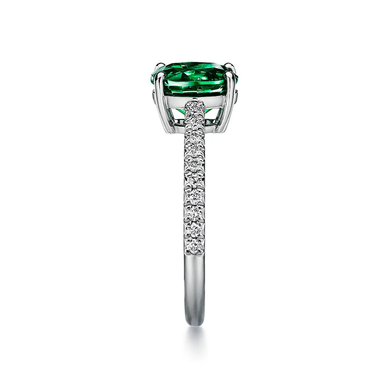 Tiffany & Co. Tiffany Novo® Oval Emerald Ring in Platinum with Pavé Diamonds | ^ Rings|Diamond Jewelry