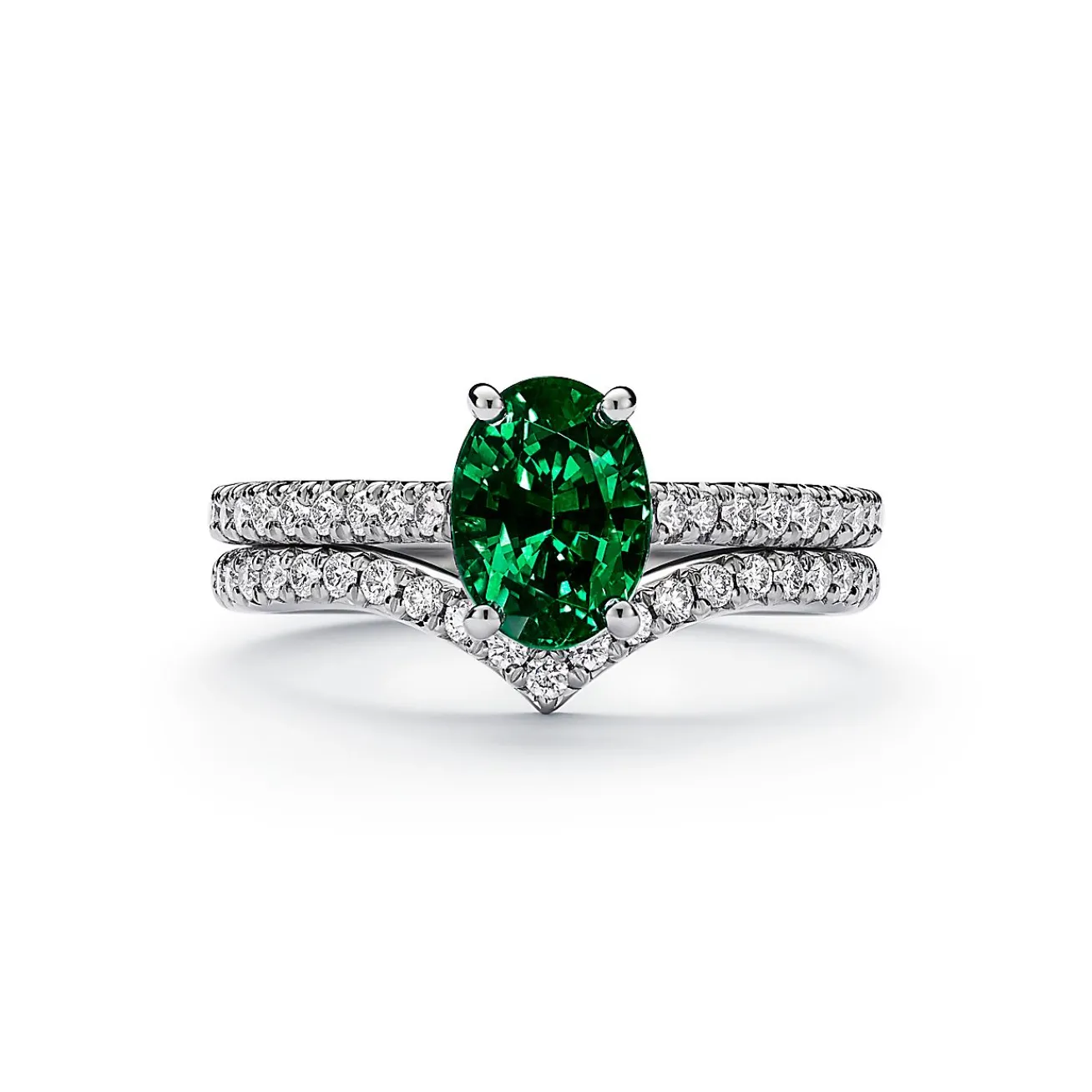 Tiffany & Co. Tiffany Novo® Oval Emerald Ring in Platinum with Pavé Diamonds | ^ Rings|Diamond Jewelry