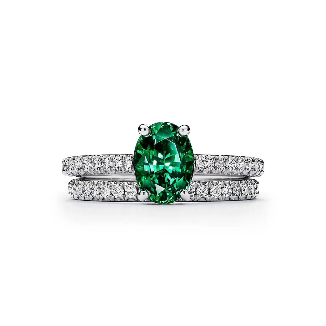Tiffany & Co. Tiffany Novo® Oval Emerald Ring in Platinum with Pavé Diamonds | ^ Rings|Diamond Jewelry