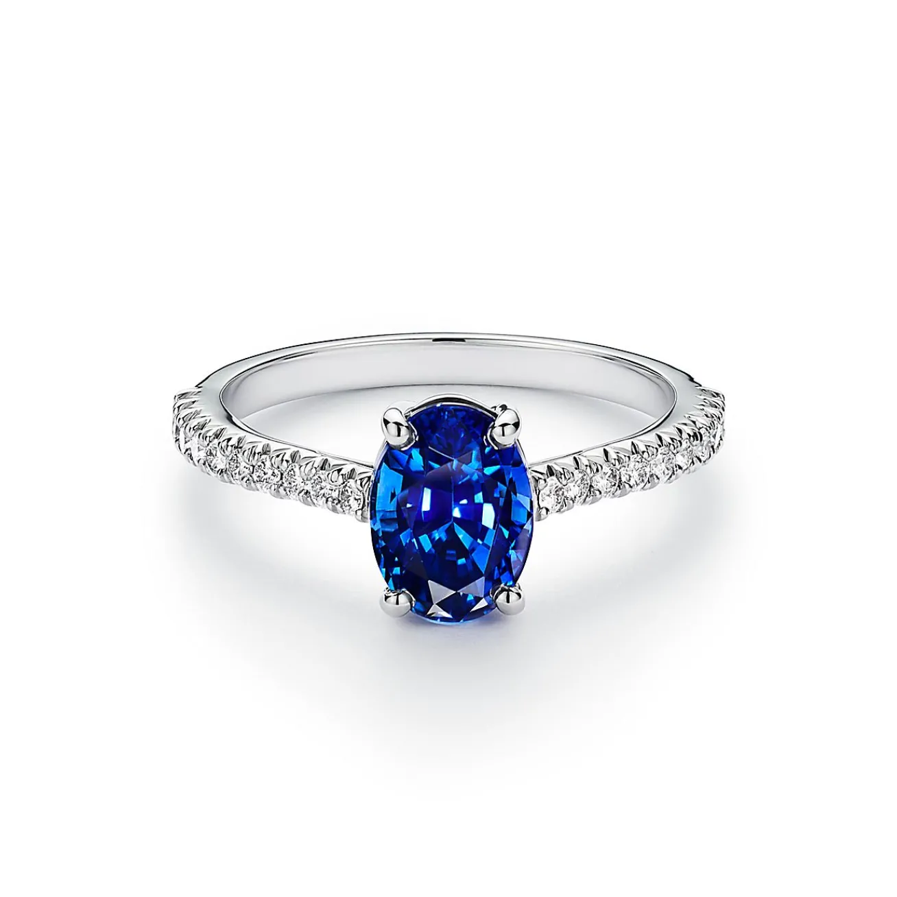 Tiffany & Co. Tiffany Novo® Oval Sapphire Ring in Platinum with Pavé Diamonds | ^ Rings|Diamond Jewelry