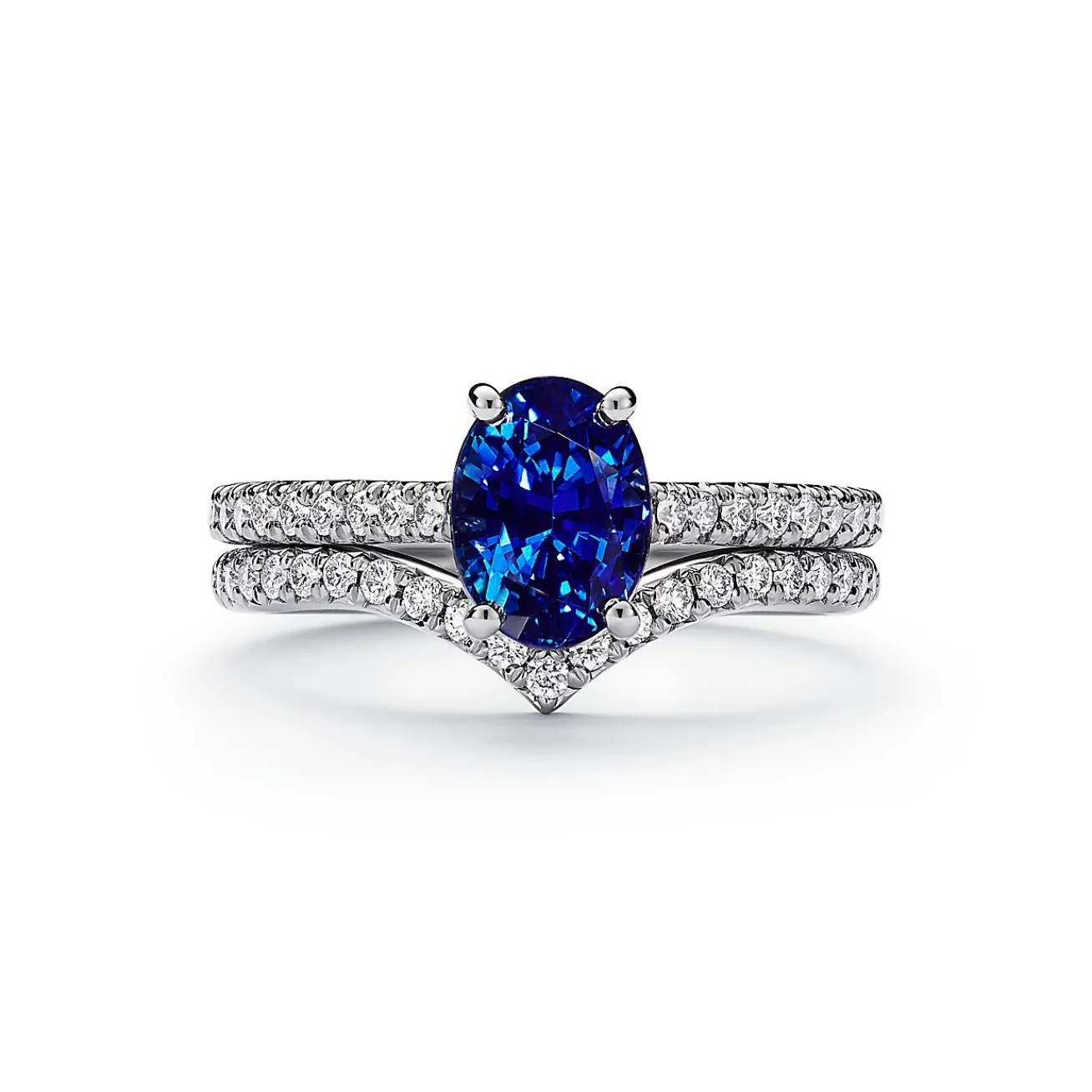 Tiffany & Co. Tiffany Novo® Oval Sapphire Ring in Platinum with Pavé Diamonds | ^ Rings|Diamond Jewelry
