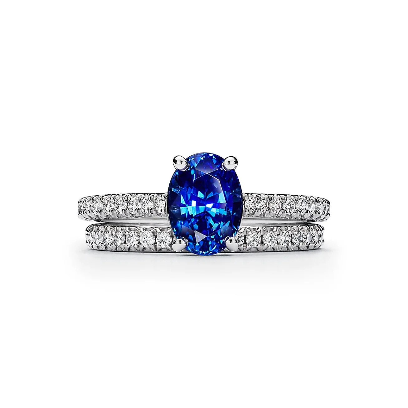 Tiffany & Co. Tiffany Novo® Oval Sapphire Ring in Platinum with Pavé Diamonds | ^ Rings|Diamond Jewelry