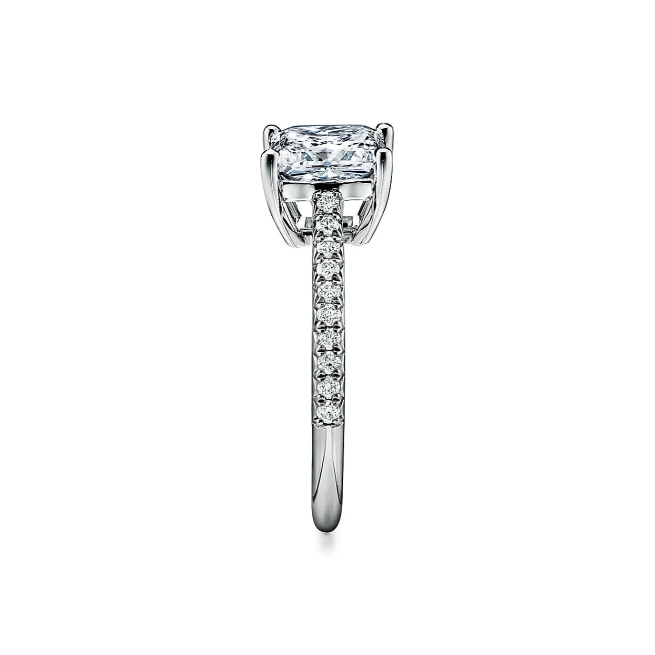 Tiffany & Co. Tiffany Novo® princess-cut engagement ring with a pavé diamond platinum band. | ^ Engagement Rings