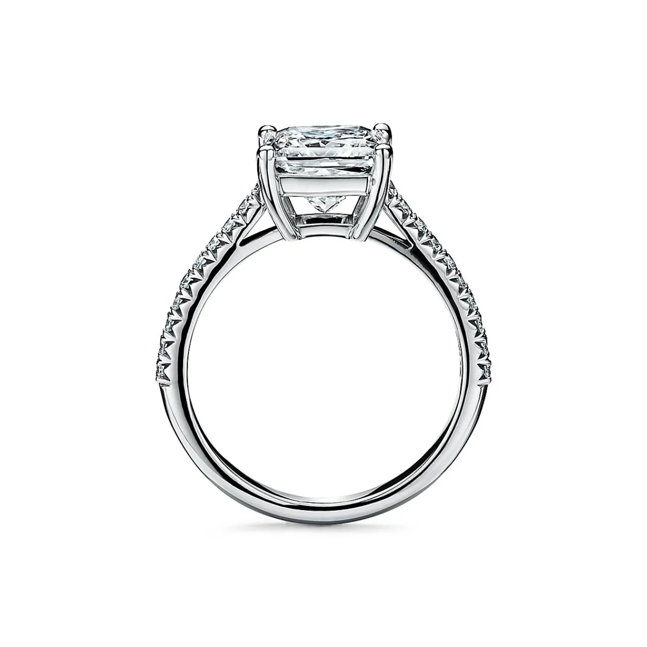 Tiffany & Co. Tiffany Novo® princess-cut engagement ring with a pavé diamond platinum band. | ^ Engagement Rings