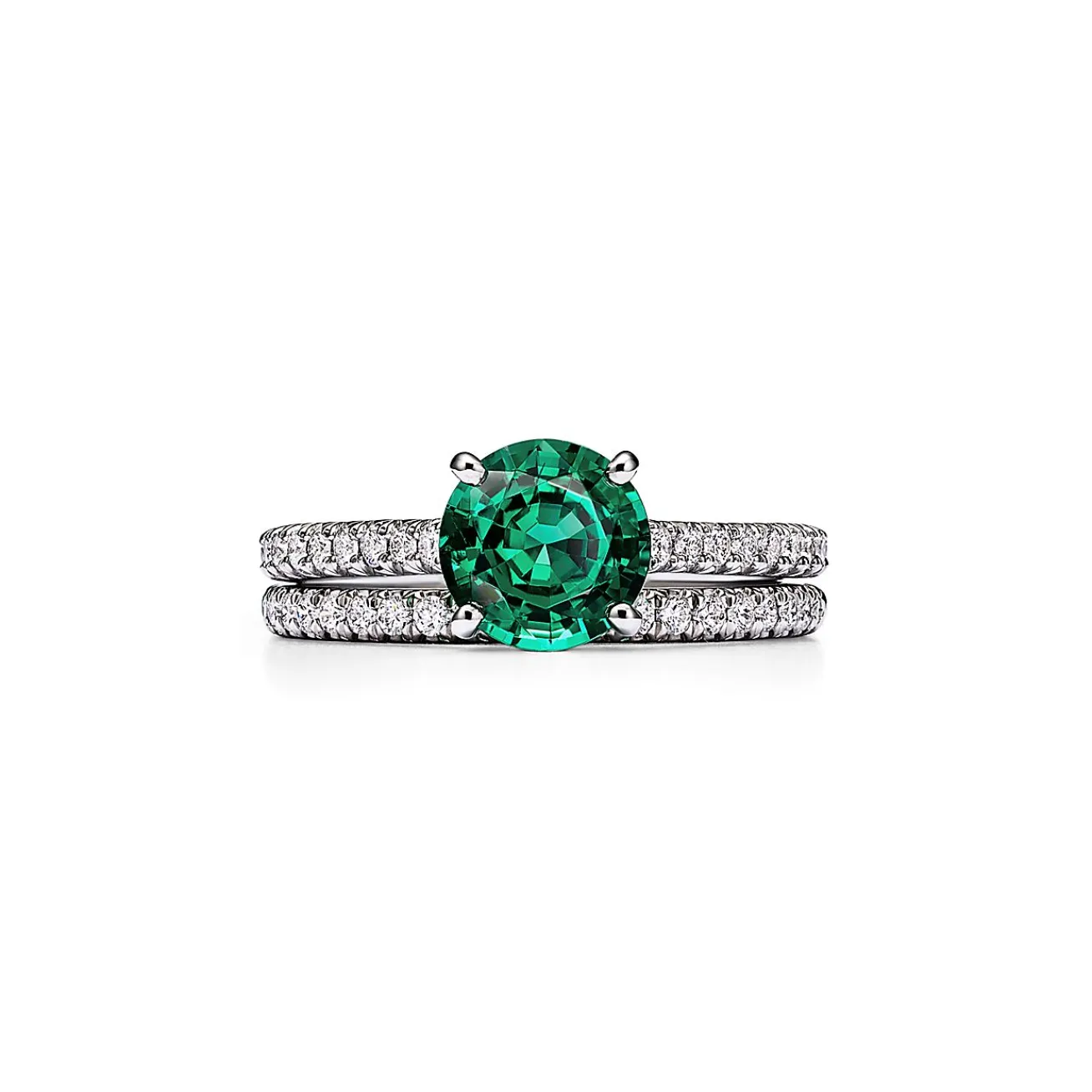 Tiffany & Co. Tiffany Novo® Round Emerald Ring in Platinum with Pavé Diamonds | ^ Rings