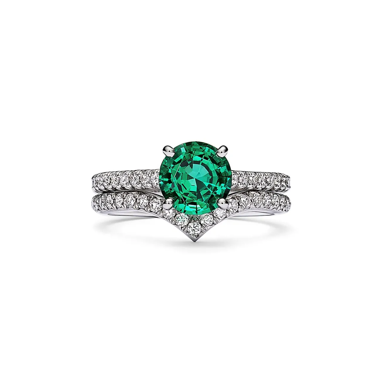 Tiffany & Co. Tiffany Novo® Round Emerald Ring in Platinum with Pavé Diamonds | ^ Rings