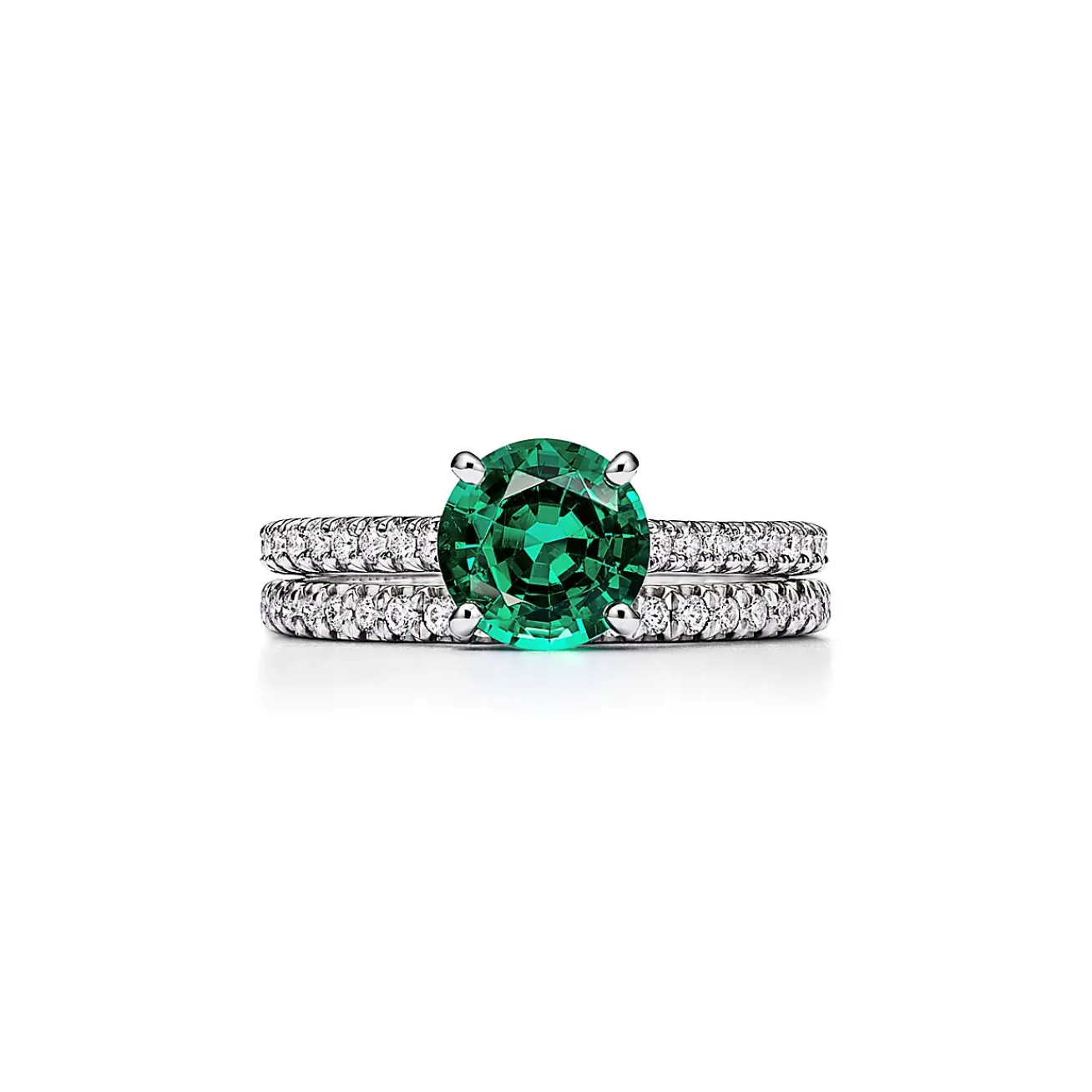 Tiffany & Co. Tiffany Novo® Round Emerald Ring in Platinum with Pavé Diamonds | ^ Rings