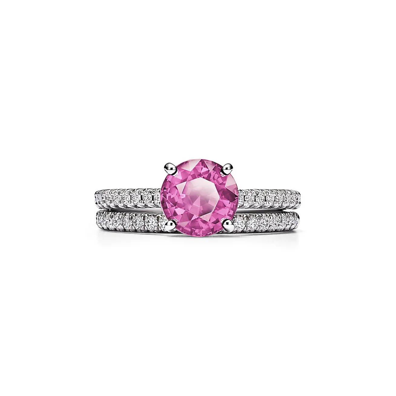 Tiffany & Co. Tiffany Novo® Round Pink Sapphire Ring in Platinum with Pavé Diamonds | ^ Rings