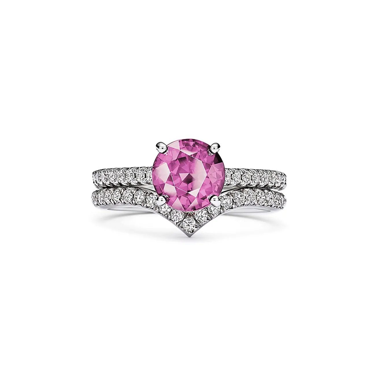 Tiffany & Co. Tiffany Novo® Round Pink Sapphire Ring in Platinum with Pavé Diamonds | ^ Rings