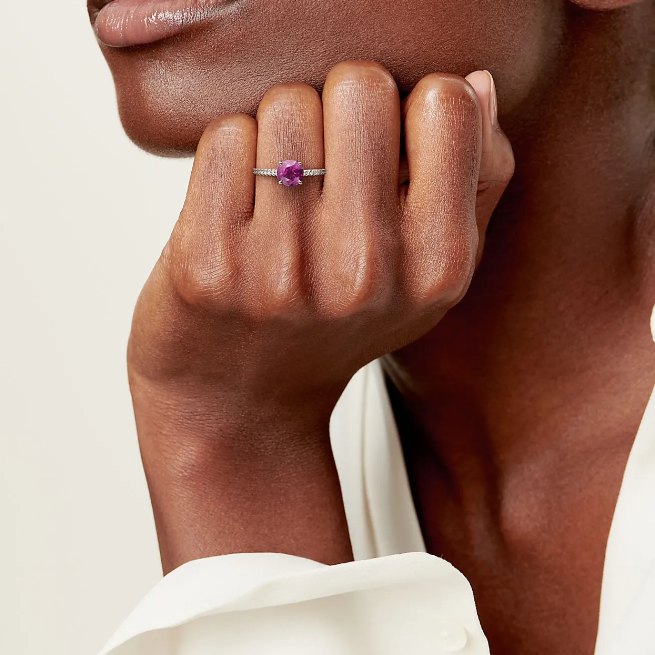 Tiffany & Co. Tiffany Novo® Round Pink Sapphire Ring in Platinum with Pavé Diamonds | ^ Rings