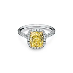 Tiffany & Co. Tiffany Soleste® cushion-cut engagement ring with a diamond band in platinum. | ^ Engagement Rings
